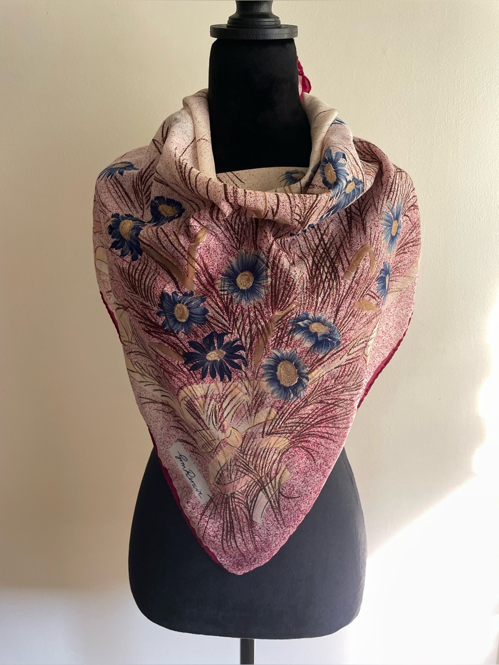 Vintage Jim Renoir Signed Floral Square Scarf Burgundy Blue Lurex 34”